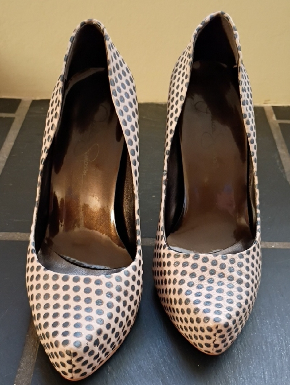 Jessica Simpson Pink and Black Polka Dot Pointed-Toe Pumps | Size 7B